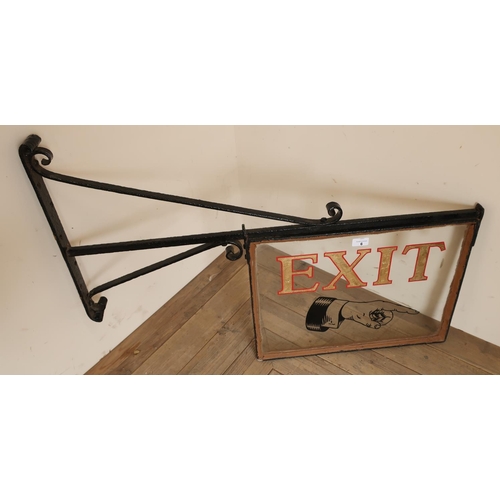 6 - Early 20th C glass theatre 'Exit' sign, with wrought iron bracket
