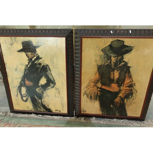 61 - Large pair of Windsor Art Production Canadian artworks depicting Spanish style horseman and woman, s... 