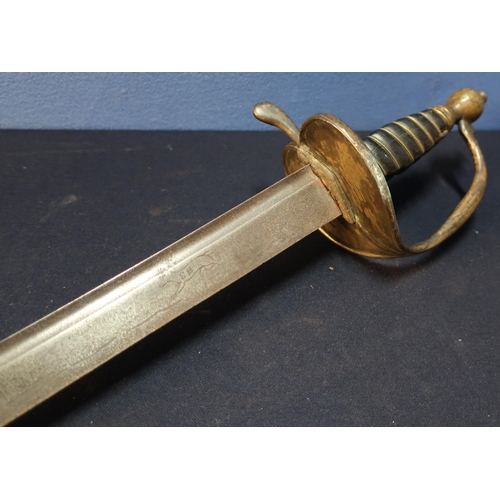 134 - 18th C continental Hanger type sword with 24 1/2 inch slightly curved sword with top fuller engraved... 
