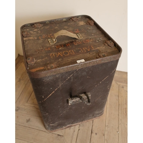 9 - 1960s Ministry of Defence ply wood and metal backed bomb box with rope handles (50cm x 66cm)