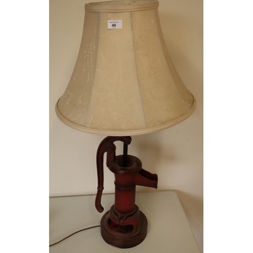 40 - Decorative table lamp made from a cast metal water pump, complete with cream lampshade (height appro... 