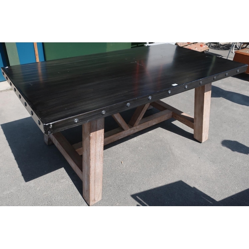 112 - Contemporary industrial style pine framed kitchen table with painted top on limed pine trestle base ... 
