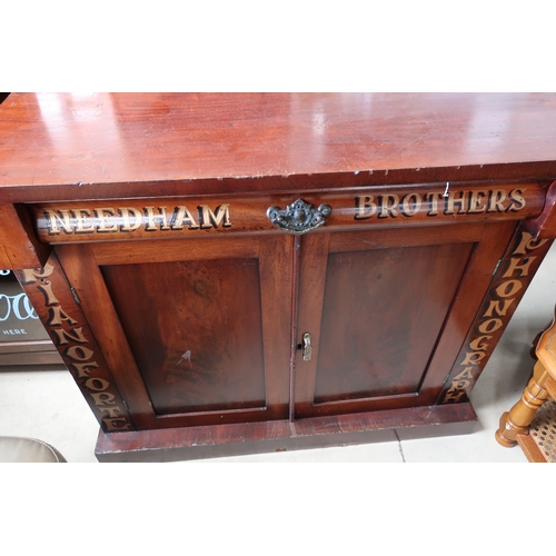 115 - Late Victorian mahogany side cabinet with single drawer above two panelled cupboard doors with paint... 