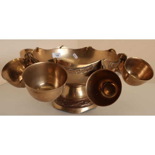 106 - Indian brass punch bowl with eight hooked cups