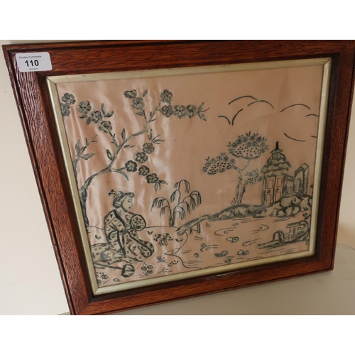 110 - Early 20th C oak framed Japanese silkwork picture of lady by river edge (47cm x 42cm)