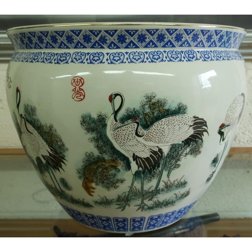 47 - Large 20th C Chinese jardiniere decorated with various cranes and fish to the interior (diameter 36c... 