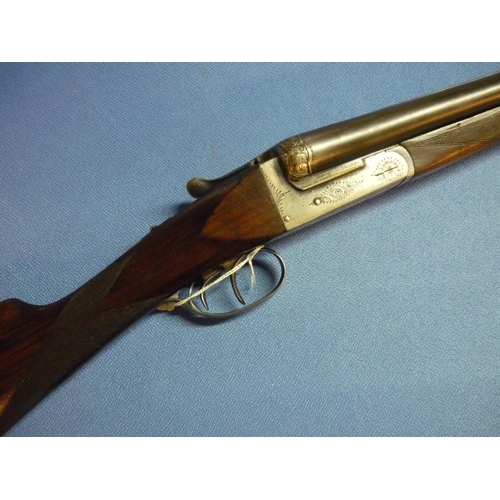 465 - Laranaga 12 bore side by side shotgun with 28 inch barrels, choke 3/4 & 1/4 with 14 3/4 inch straigh... 