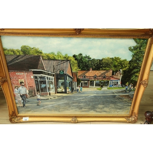 132 - Gilt frame oil on board painting of Burley village, Hampshire by H M Norman (85cm x 60cm)
