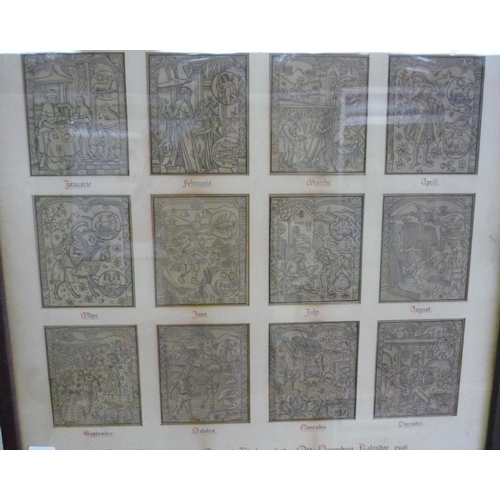 135 - Framed and mounted set of twelve 16th C woodcut book calendar engravings from the original blocks of... 