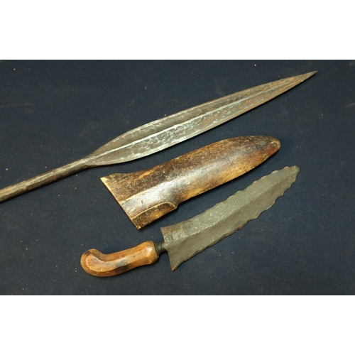 187 - Eastern Kris style dagger with slightly curved wavy edge 8 inch heavy blade and wooden sheath, and a... 