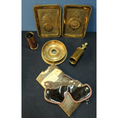 196 - Cased set of Anti-dust/Anti-gas eye shields, various trench art and two pressed brass regimental tra... 