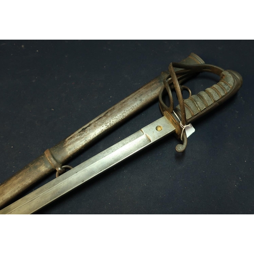 219 - Victorian British Officers Sword with 32 1/2 inch slightly curved single fullered blade with half ba... 