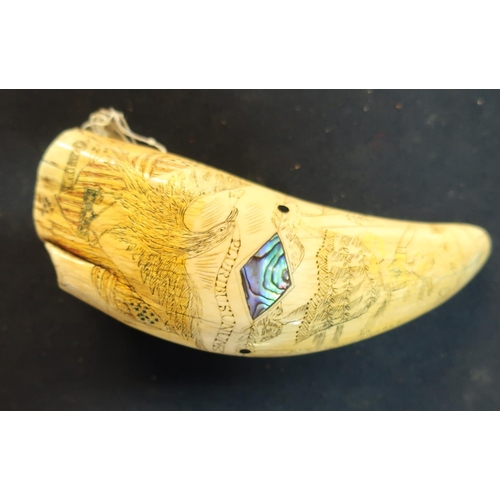 235 - Scrimshaw whales tooth of American interest, scrimed with various figures including American eagle, ... 