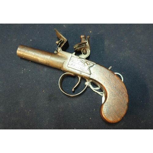 251 - Early 19th C flintlock pocket pistol with 1 3/4 inch turn off barrel, with engraved Coat of Arms to ... 