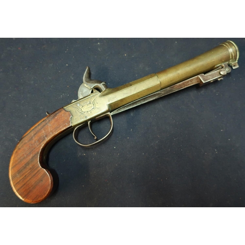 253 - Early 19th C percussion cap brass barrelled Blunderbuss pistol with sprung loaded bayonet by Ryan & ... 