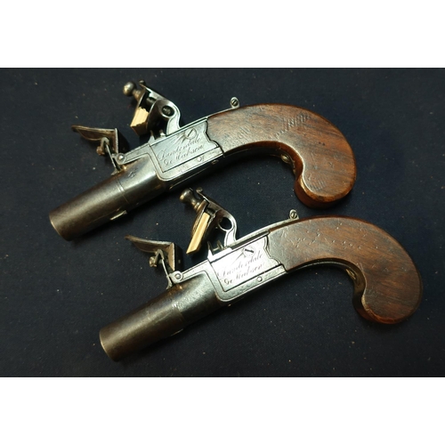 254 - Mahogany cased pair of early 19th C Dunderdale & Mabson flintlock pocket pistols, with 1 1/2 inch tu... 