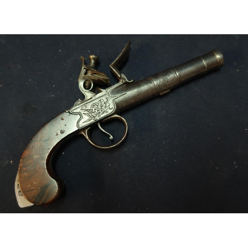 256 - Late 18th C flintlock cannon barrelled pocket pistol with 3 1/2 inch barrel by Thomas, with well fig... 