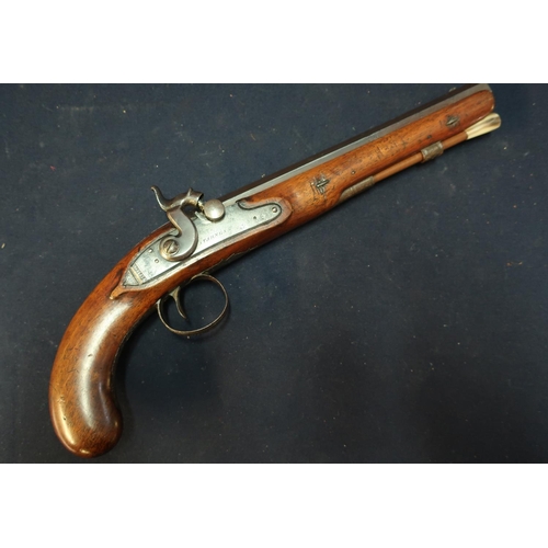 260 - Early 19th C percussion cap flintlock conversion holster pistol with 8 1/2 inch octagonal barrel wit... 