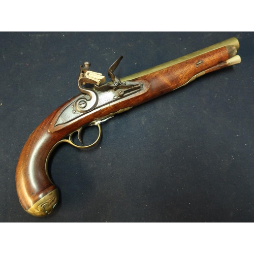 261 - Early 19th C flintlock pistol with 7 3/4 inch brass barrel stamped with various proof marks, complet... 