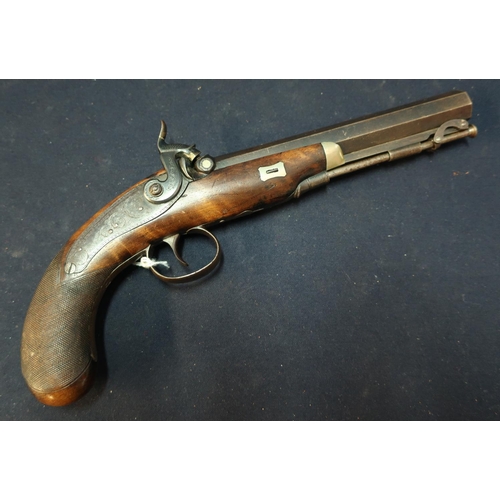 262 - Early 19th C percussion cap flintlock conversion pistol with 7 1/2 inch octagonal rifled barrel with... 