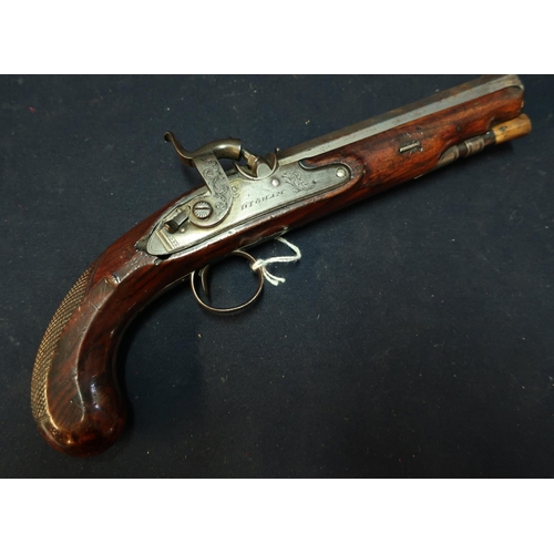 263 - Percussion cap pistol by Higham with 5 1/2 inch octagonal barrel and horn tip ramrod, with hammer si... 