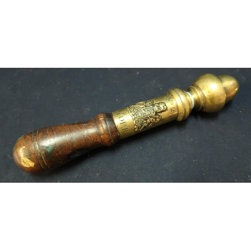 265 - Heavy brass tipstaff with turned wood handle (cracked), with acorn shaped finial and Royal Crest, en... 