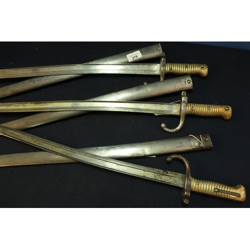 278 - Group of three 1868 French Chassepot bayonets complete with steel scabbards