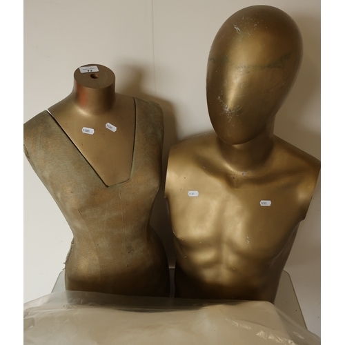 73 - Early-mid 20th C female torso mannequin, a gold finished male torso and head mannequin and two other... 