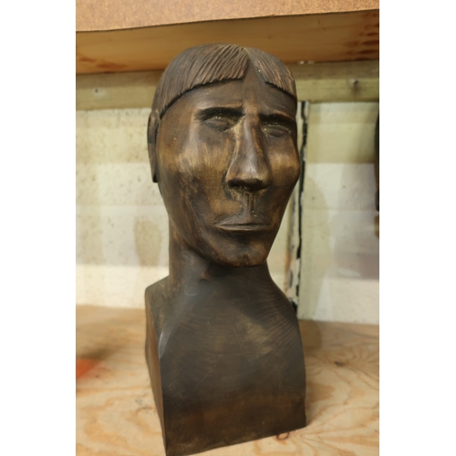 77 - Carved wood head and shoulder bust 37cm high  (crack to back of head)