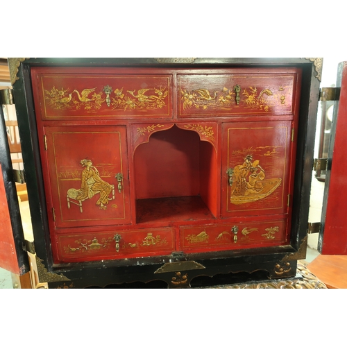 140 - 19th C Chinoiserie cabinet on stand, lift off cabinet enclosed by two panelled doors with brass meta... 