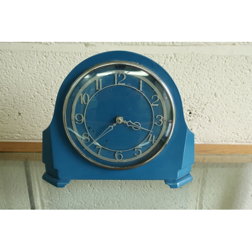 145 - Early to mid 20th C blue painted wind up mantel clock