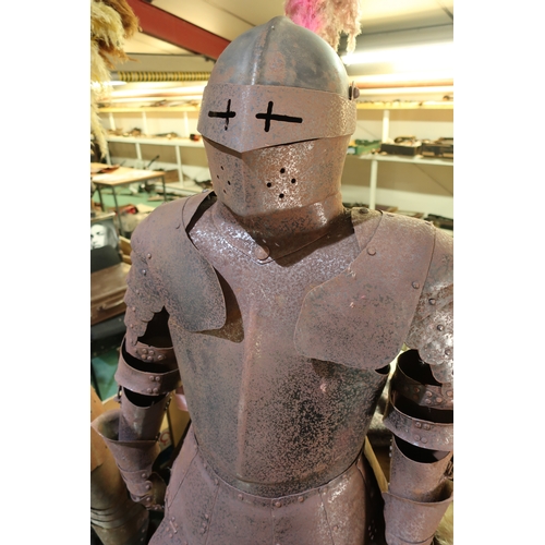 37 - Reproduction steel Suit of Armour with enclosed visor helmet and feather plume (approx. 170cm high)