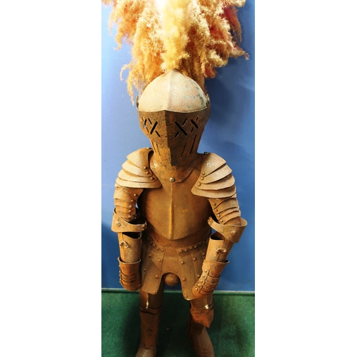39 - Small boys steel Suit of Armour with visor helmet and feather plume (approx. 130cm high)