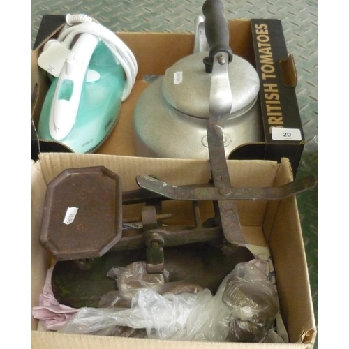 20 - Two boxes containing vintage scales and two sets of brass weights, kettle and iron