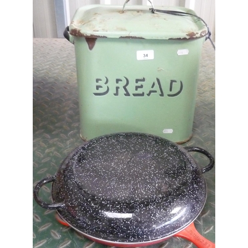 34 - Enamel breadbin and a Le Crueset grill pan with lid