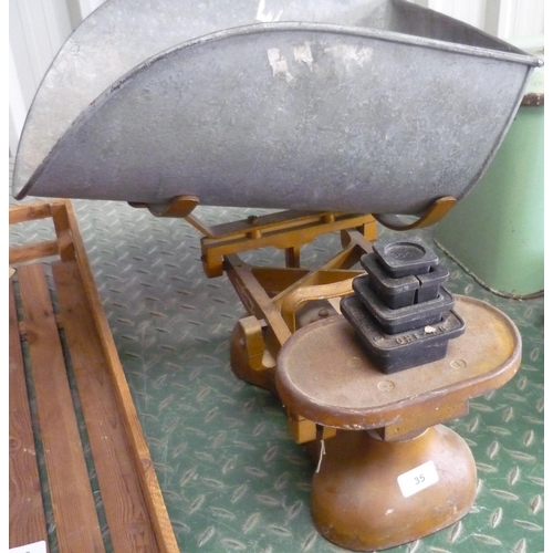 35 - Set of W and T Avery LTD scales with weights and galvanised scoop