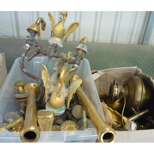 43 - Two boxes containing a large collection of brass taps and fittings in the shape of swans, and ornate... 