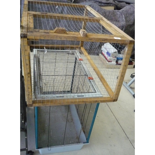 68 - Plastic and wire bird cage and a wooden chicken carrier