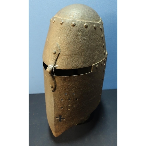 201 - Medieval English close steel helmet with riveted panels, eye slit with shaped central bar, pierced v... 