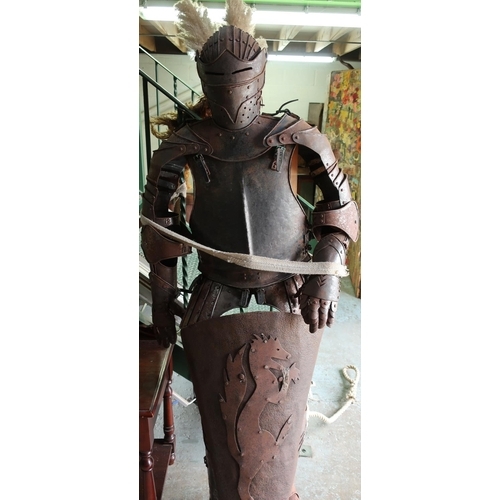 33 - Reproduction Suit of Armour with fully enclosed helmet, complete with triangular Norman type shield ... 