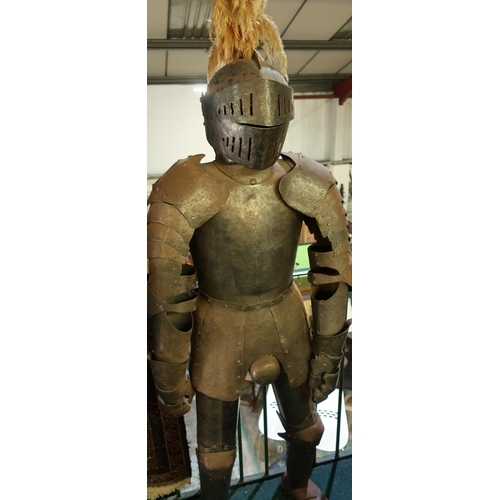 36 - Reproduction steel Suit of Armour with enclosed visor helmet and feather plume (approx. 170cm high)