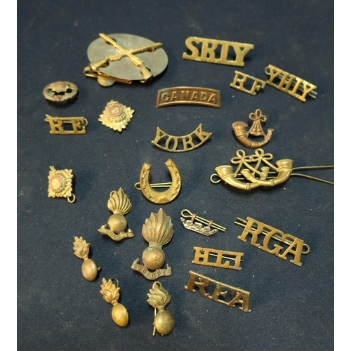 192 - Selection of various British military cap badges, pips, epaulettes, shoulder titles etc