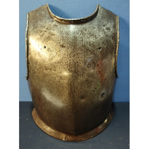 204 - 17th C circa English Civil War period heavy steel armour breast plate, with traces of engraved detai... 