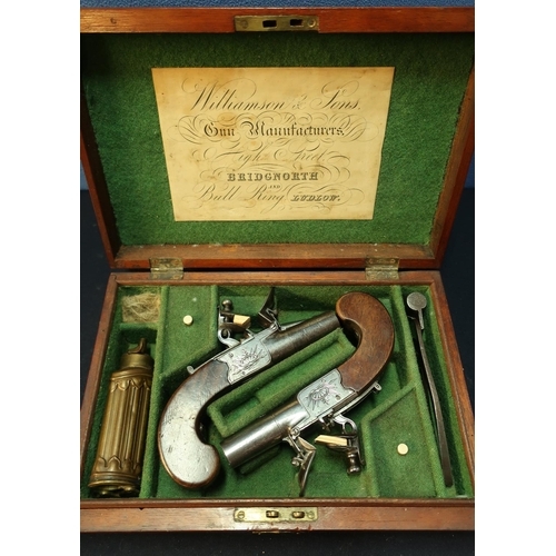 254 - Mahogany cased pair of early 19th C Dunderdale & Mabson flintlock pocket pistols, with 1 1/2 inch tu... 