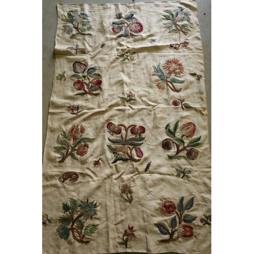16 - 19th C Crewel work embroidered panel depicting various flowers and insects (84cm x 140cm)