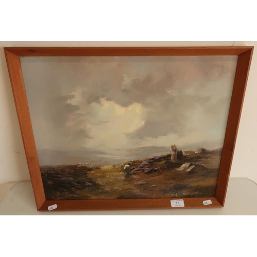 17 - Oil on board painting by Lewis Creighton of sheep in moorland scene (53cm x 43cm including frame)