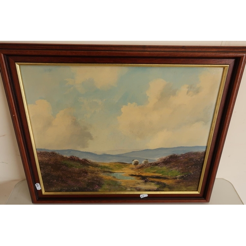18 - Framed and mounted oil on board painting of sheep on moorland scene by Lewis Creighton (60cm x 49cm ... 