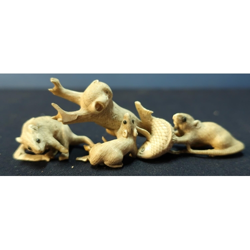 24 - Late 19th C carved Oriental ivory figure of a monkey, rat and fish (height 4.5cm) and another of a r... 