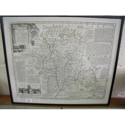 105 - Framed E Bowen map of Worcestershire circa 1778, with hand coloured detail (57cm x 48cm)