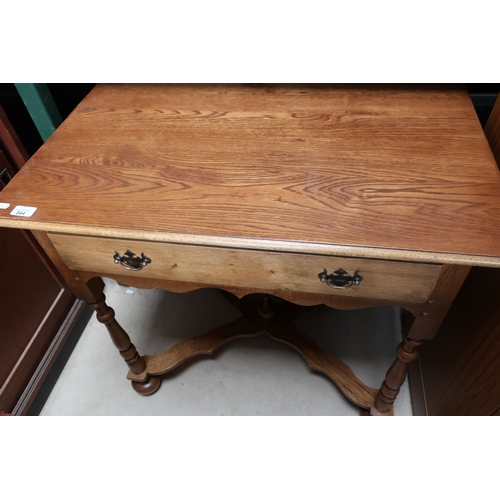 223 - Quality craftsman's made light oak 18th C style lowboy with single draw on turned supports, X shaped... 